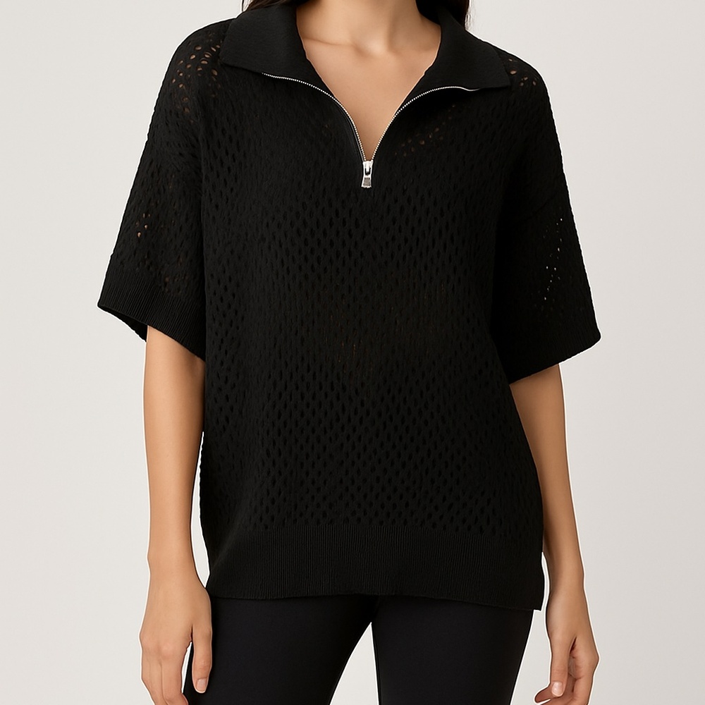 Varley Freya Mesh Knit Half-Zip Sweater – Black – Size M